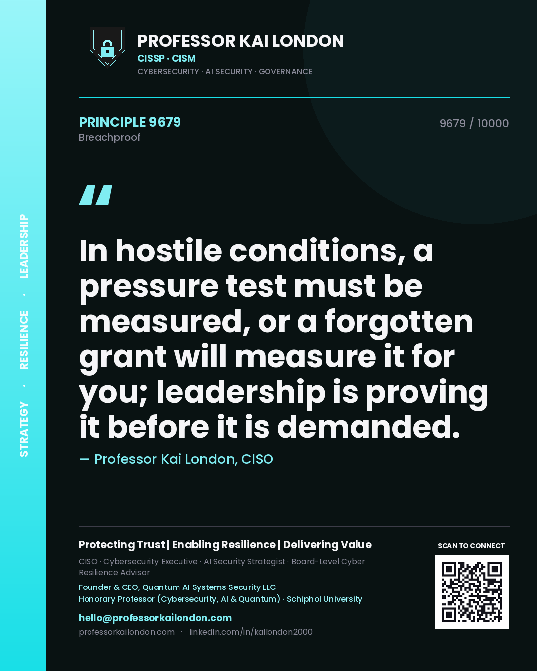 Quote card by Professor Kai London reading 'In hostile conditions, a pressure test must be measured, or a forgotten grant will measure it for you; leadership is proving it before it is demanded.'. From the book Breachproof.
