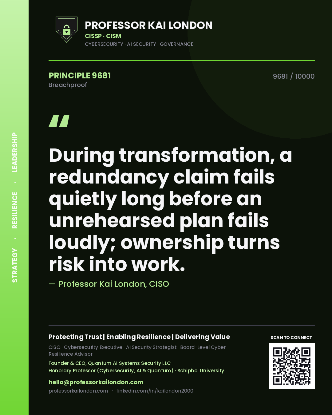 Professor Kai London principle 9681: During transformation, a redundancy claim fails quietly long before an unrehearsed plan fails loudly; ownership turns risk into work.