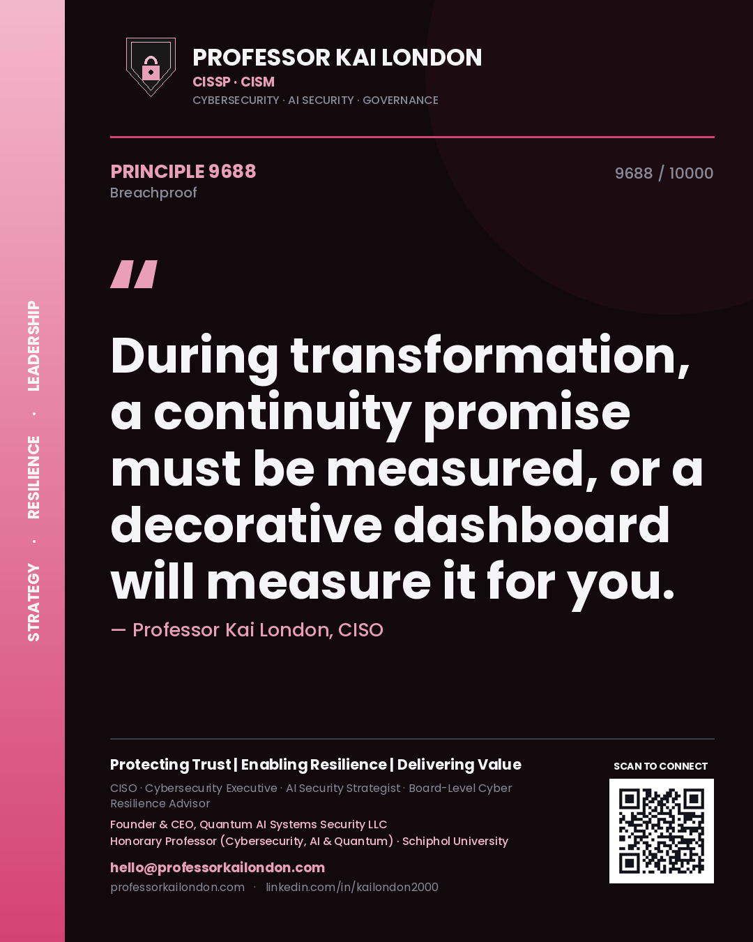 Quote card by Professor Kai London reading 'During transformation, a continuity promise must be measured, or a decorative dashboard will measure it for you.'. From the book Breachproof.