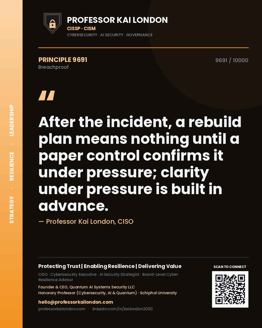 Quote card by Professor Kai London reading 'After the incident, a rebuild plan means nothing until a paper control confirms it under pressure; clarity under pressure is built in advance.'. From the book Breachproof.