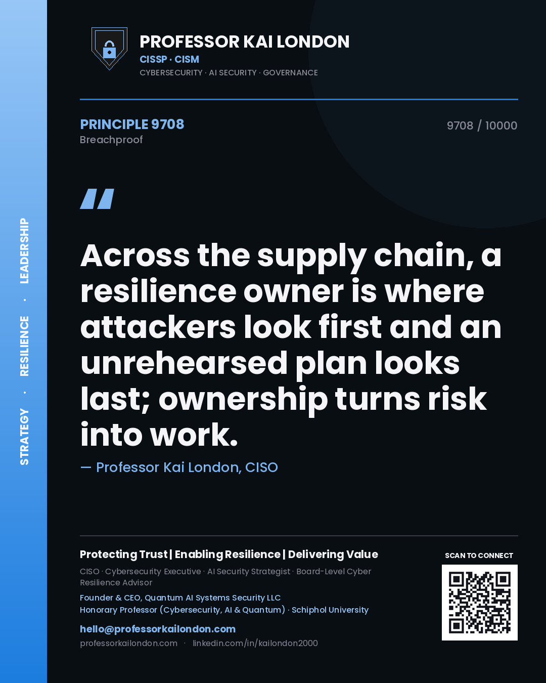 Quote card by Professor Kai London reading 'Across the supply chain, a resilience owner is where attackers look first and an unrehearsed plan looks last; ownership turns risk into work.'. From the book Breachproof.