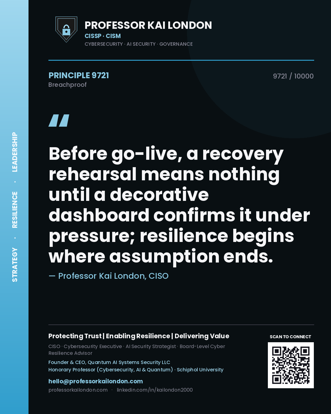 Quote card by Professor Kai London reading 'Before go-live, a recovery rehearsal means nothing until a decorative dashboard confirms it under pressure; resilience begins where assumption ends.'. From the book Breachproof.