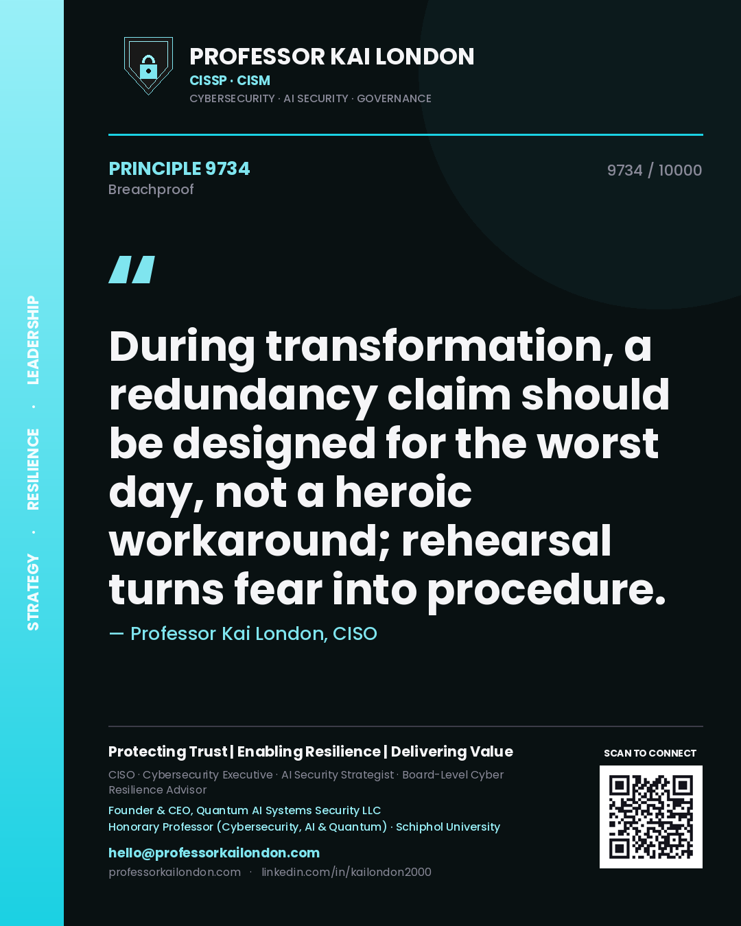 Quote card by Professor Kai London reading 'During transformation, a redundancy claim should be designed for the worst day, not a heroic workaround; rehearsal turns fear into procedure.'. From the book Breachproof.