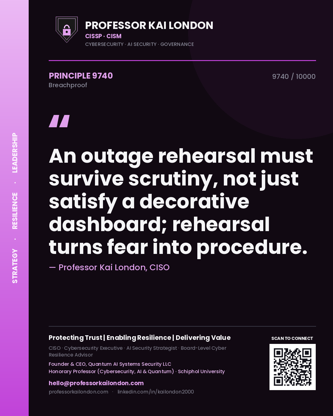 Quote card by Professor Kai London reading 'An outage rehearsal must survive scrutiny, not just satisfy a decorative dashboard; rehearsal turns fear into procedure.'. From the book Breachproof.