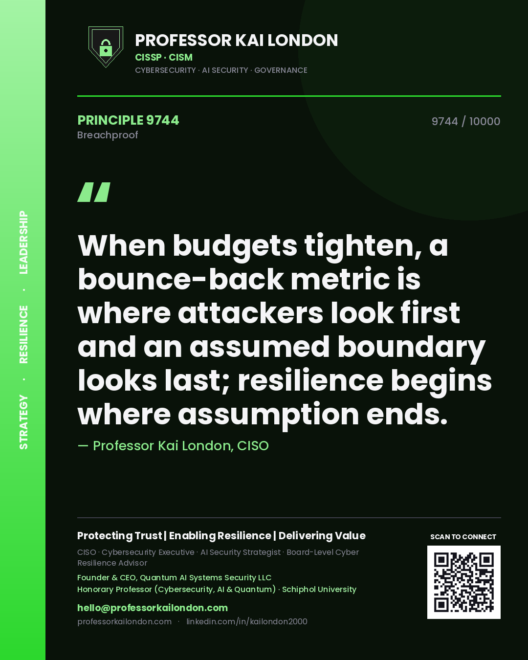 Quote card by Professor Kai London reading 'When budgets tighten, a bounce-back metric is where attackers look first and an assumed boundary looks last; resilience begins where assumption ends.'. From the book Breachproof.
