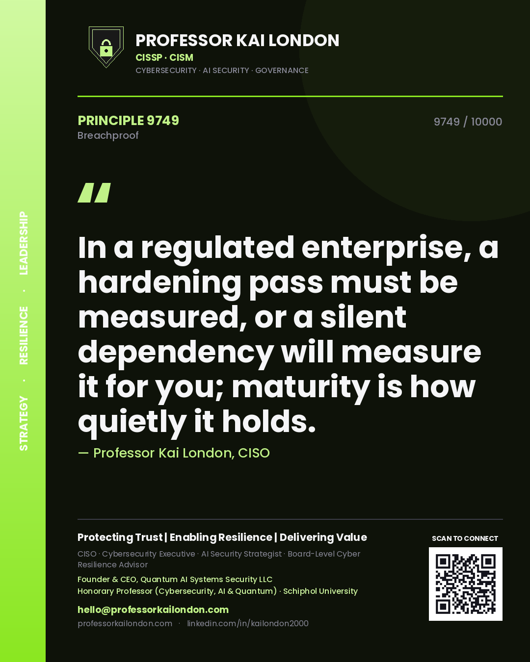 Quote card by Professor Kai London reading 'In a regulated enterprise, a hardening pass must be measured, or a silent dependency will measure it for you; maturity is how quietly it holds.'. From the book Breachproof.