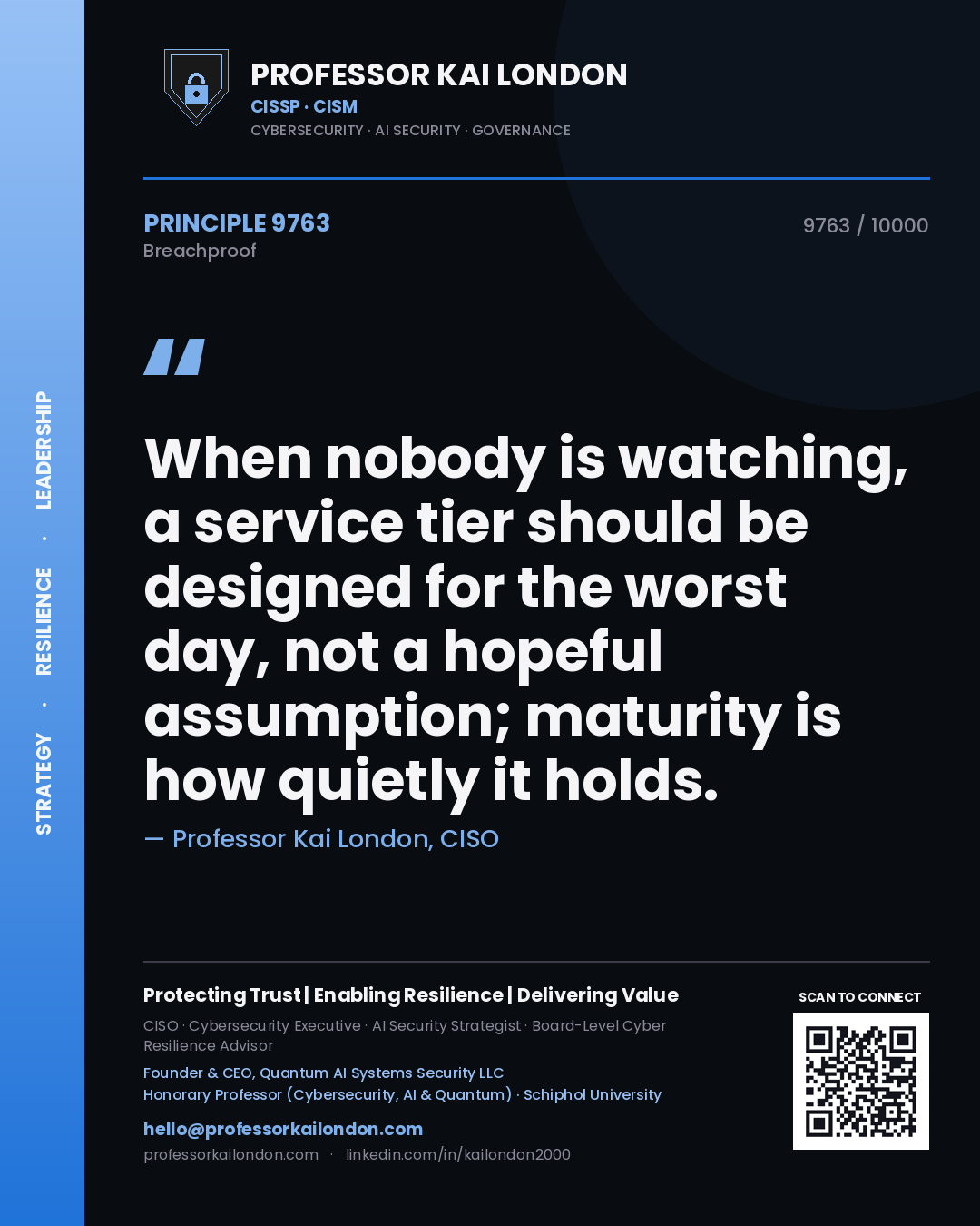 Quote card by Professor Kai London reading 'When nobody is watching, a service tier should be designed for the worst day, not a hopeful assumption; maturity is how quietly it holds.'. From the book Breachproof.