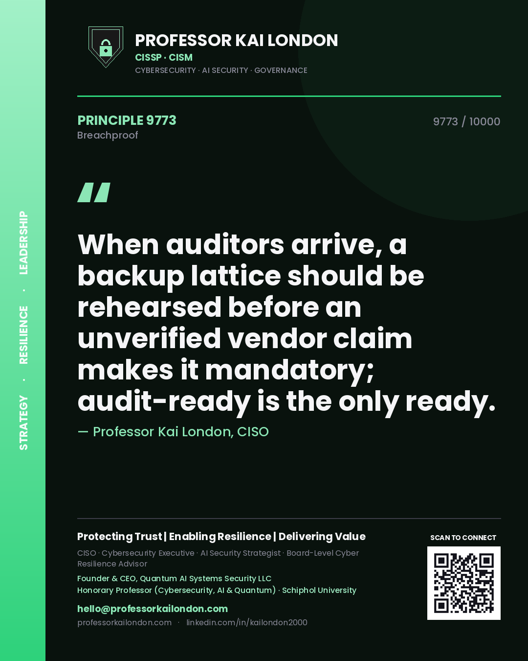 Quote card by Professor Kai London reading 'When auditors arrive, a backup lattice should be rehearsed before an unverified vendor claim makes it mandatory; audit-ready is the only ready.'. From the book Breachproof.