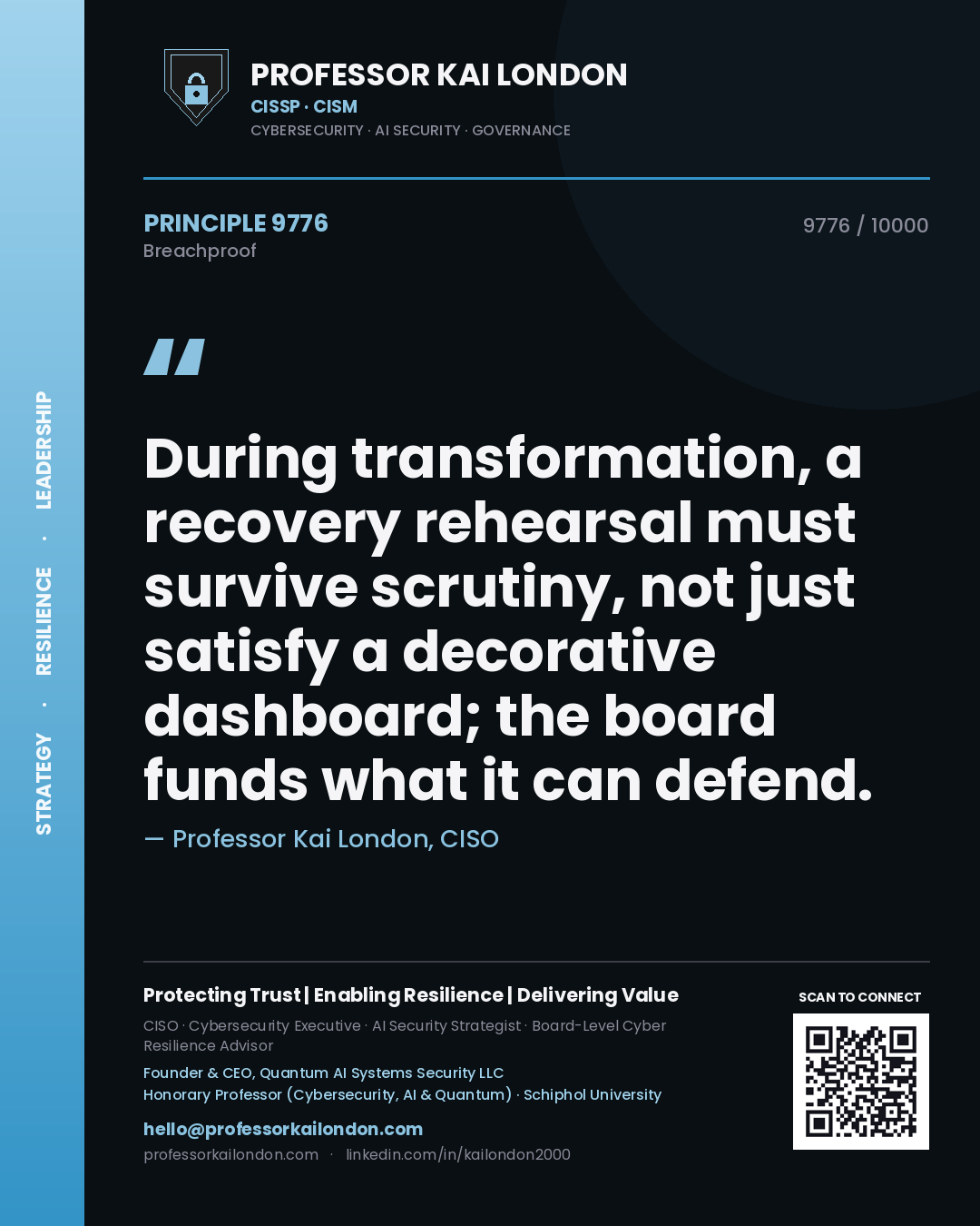 Quote card by Professor Kai London reading 'During transformation, a recovery rehearsal must survive scrutiny, not just satisfy a decorative dashboard; the board funds what it can defend.'. From the book Breachproof.