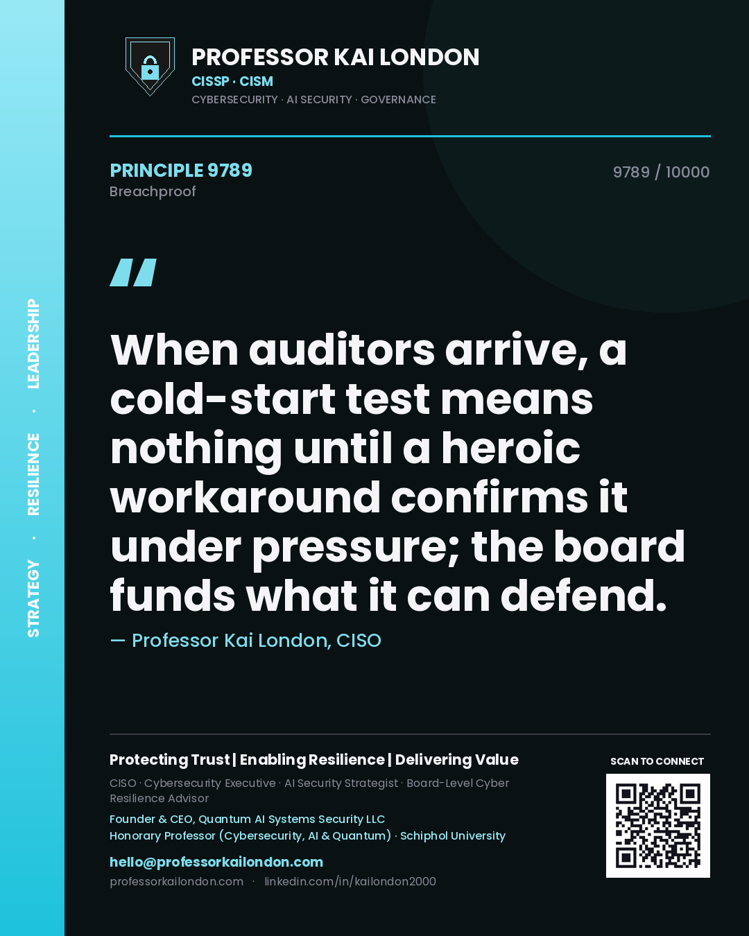 Professor Kai London principle 9789: When auditors arrive, a cold-start test means nothing until a heroic workaround confirms it under pressure; the board funds what it can defend.