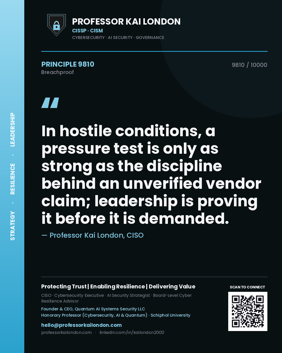 Quote card by Professor Kai London reading 'In hostile conditions, a pressure test is only as strong as the discipline behind an unverified vendor claim; leadership is proving it before it is demanded.'. From the book Breachproof.