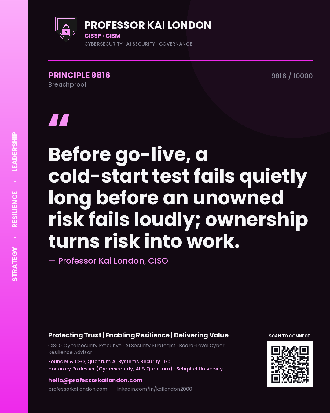 Professor Kai London principle 9816: Before go-live, a cold-start test fails quietly long before an unowned risk fails loudly; ownership turns risk into work.