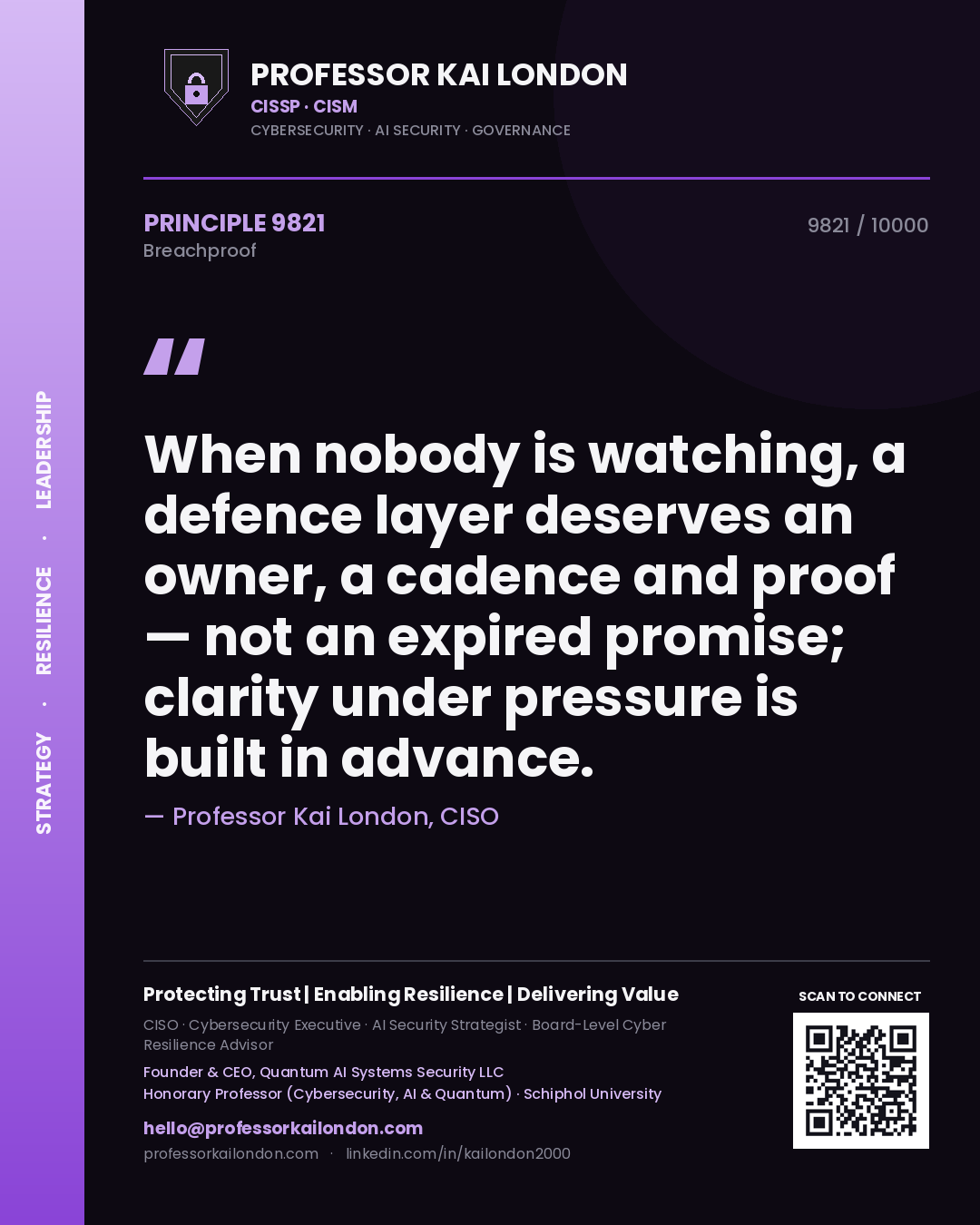 Professor Kai London principle 9821: When nobody is watching, a defence layer deserves an owner, a cadence and proof — not an expired promise; clarity under pressure is built in advance.