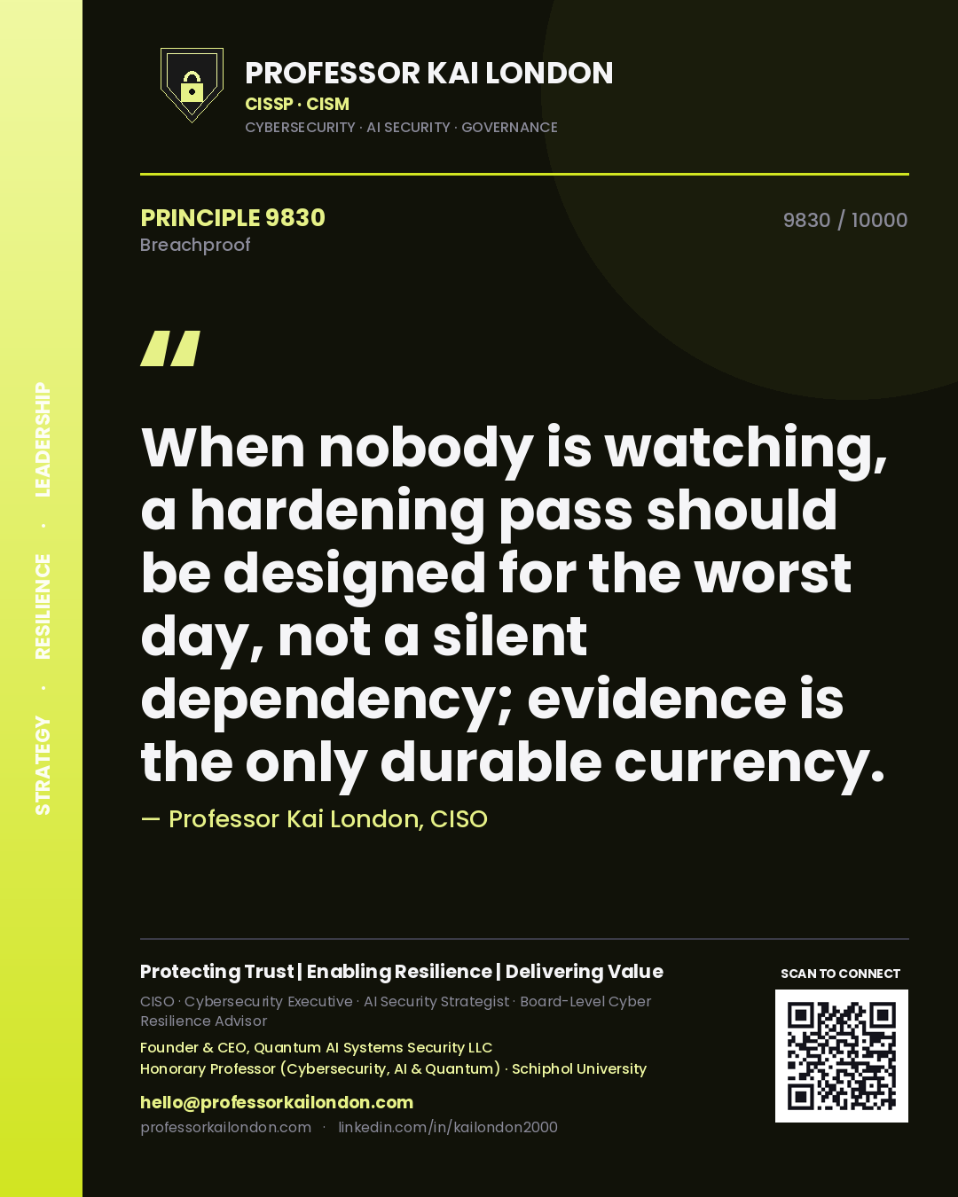 Professor Kai London principle 9830: When nobody is watching, a hardening pass should be designed for the worst day, not a silent dependency; evidence is the only durable currency.