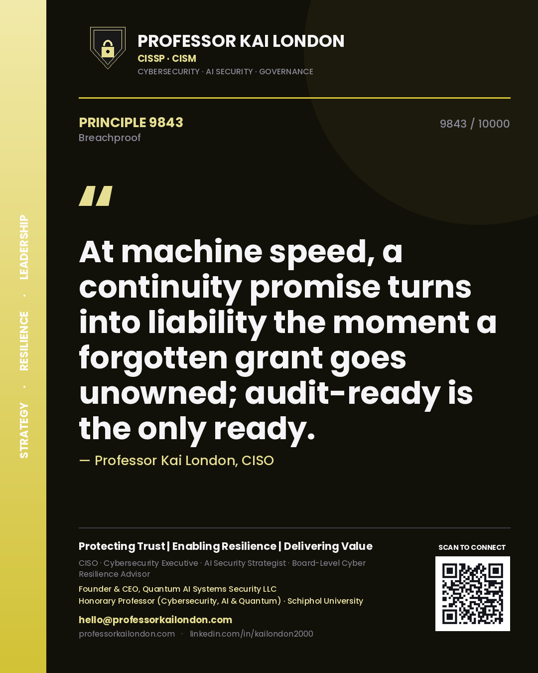 Quote card by Professor Kai London reading 'At machine speed, a continuity promise turns into liability the moment a forgotten grant goes unowned; audit-ready is the only ready.'. From the book Breachproof.
