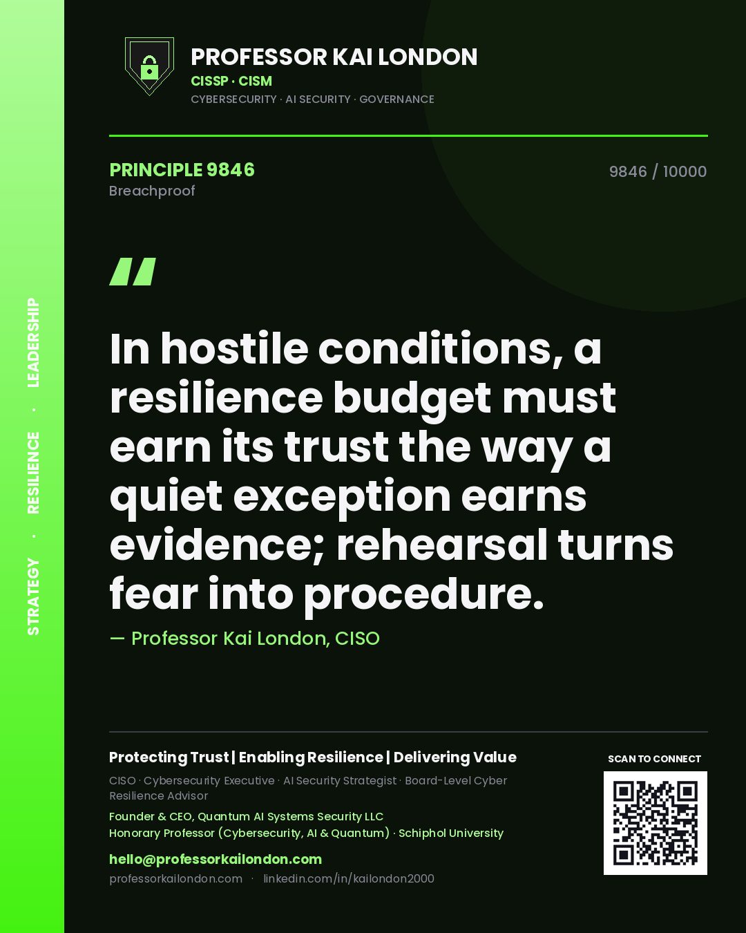 Quote card by Professor Kai London reading 'In hostile conditions, a resilience budget must earn its trust the way a quiet exception earns evidence; rehearsal turns fear into procedure.'. From the book Breachproof.