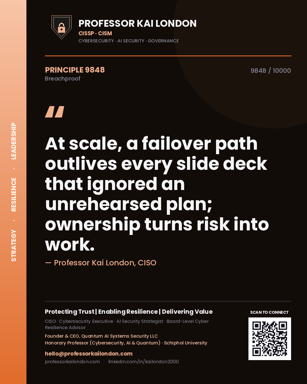 Professor Kai London principle 9848: At scale, a failover path outlives every slide deck that ignored an unrehearsed plan; ownership turns risk into work.