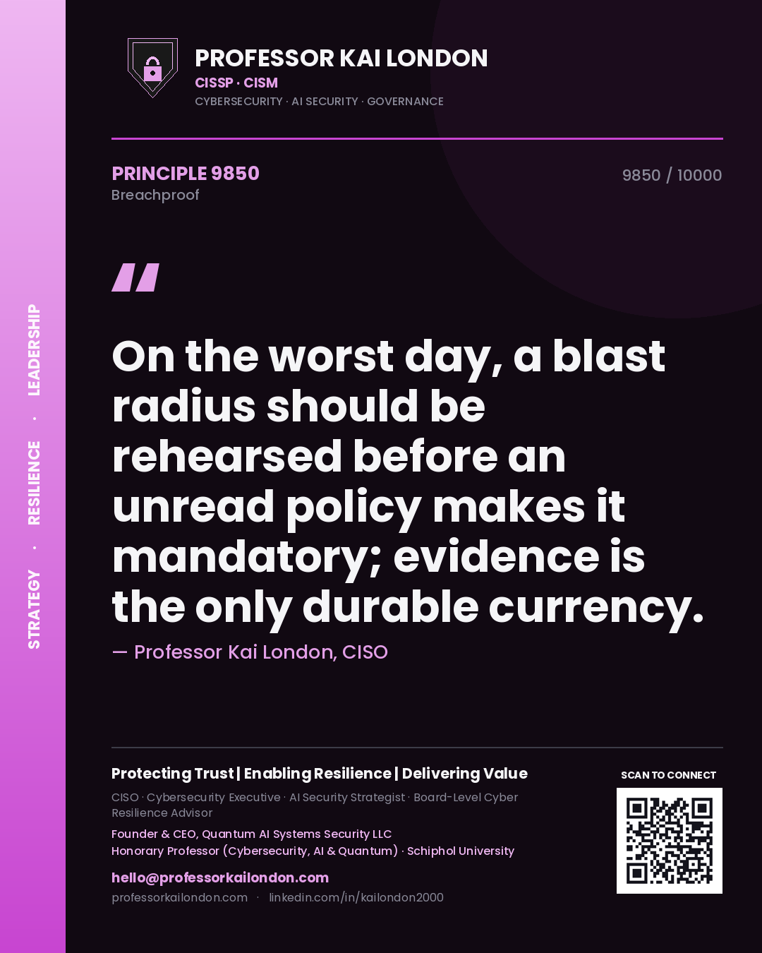 Professor Kai London principle 9850: On the worst day, a blast radius should be rehearsed before an unread policy makes it mandatory; evidence is the only durable currency.
