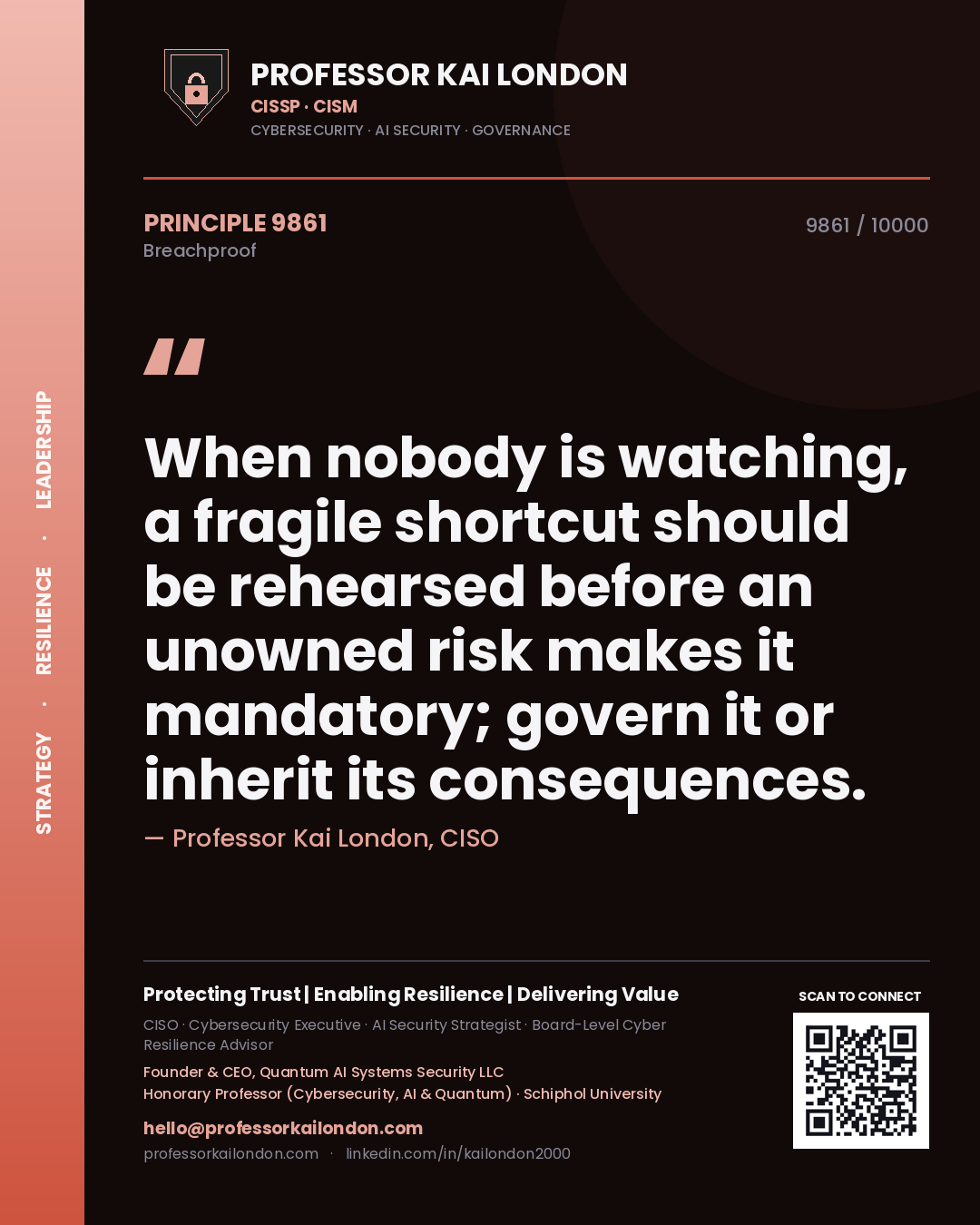 Quote card by Professor Kai London reading 'When nobody is watching, a fragile shortcut should be rehearsed before an unowned risk makes it mandatory; govern it or inherit its consequences.'. From the book Breachproof.