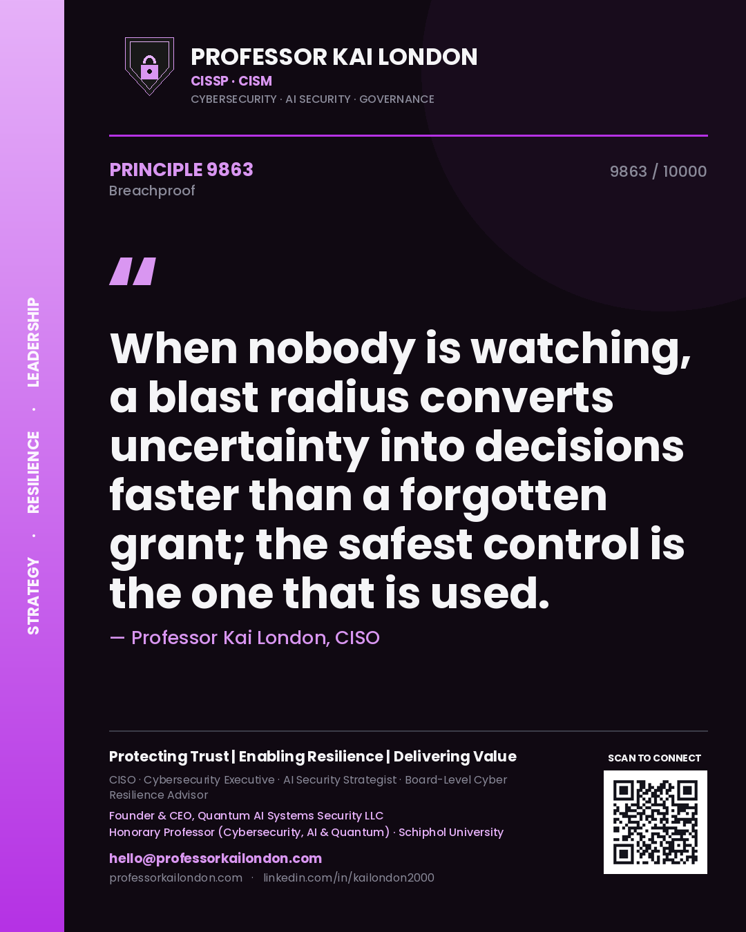 Professor Kai London principle 9863: When nobody is watching, a blast radius converts uncertainty into decisions faster than a forgotten grant; the safest control is the one that is used.