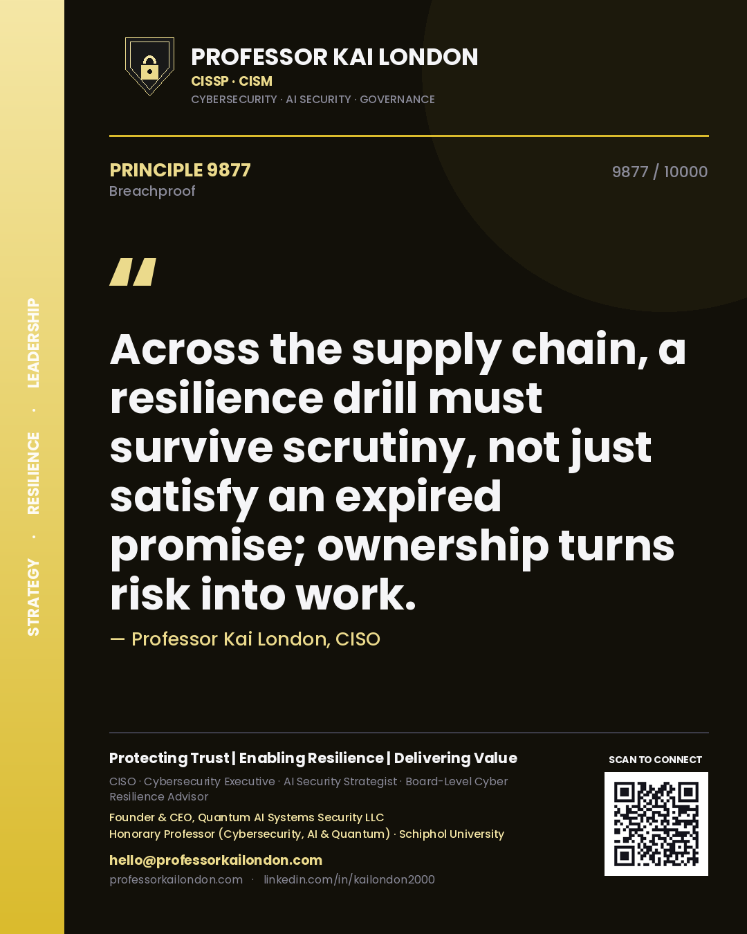 Quote card by Professor Kai London reading 'Across the supply chain, a resilience drill must survive scrutiny, not just satisfy an expired promise; ownership turns risk into work.'. From the book Breachproof.