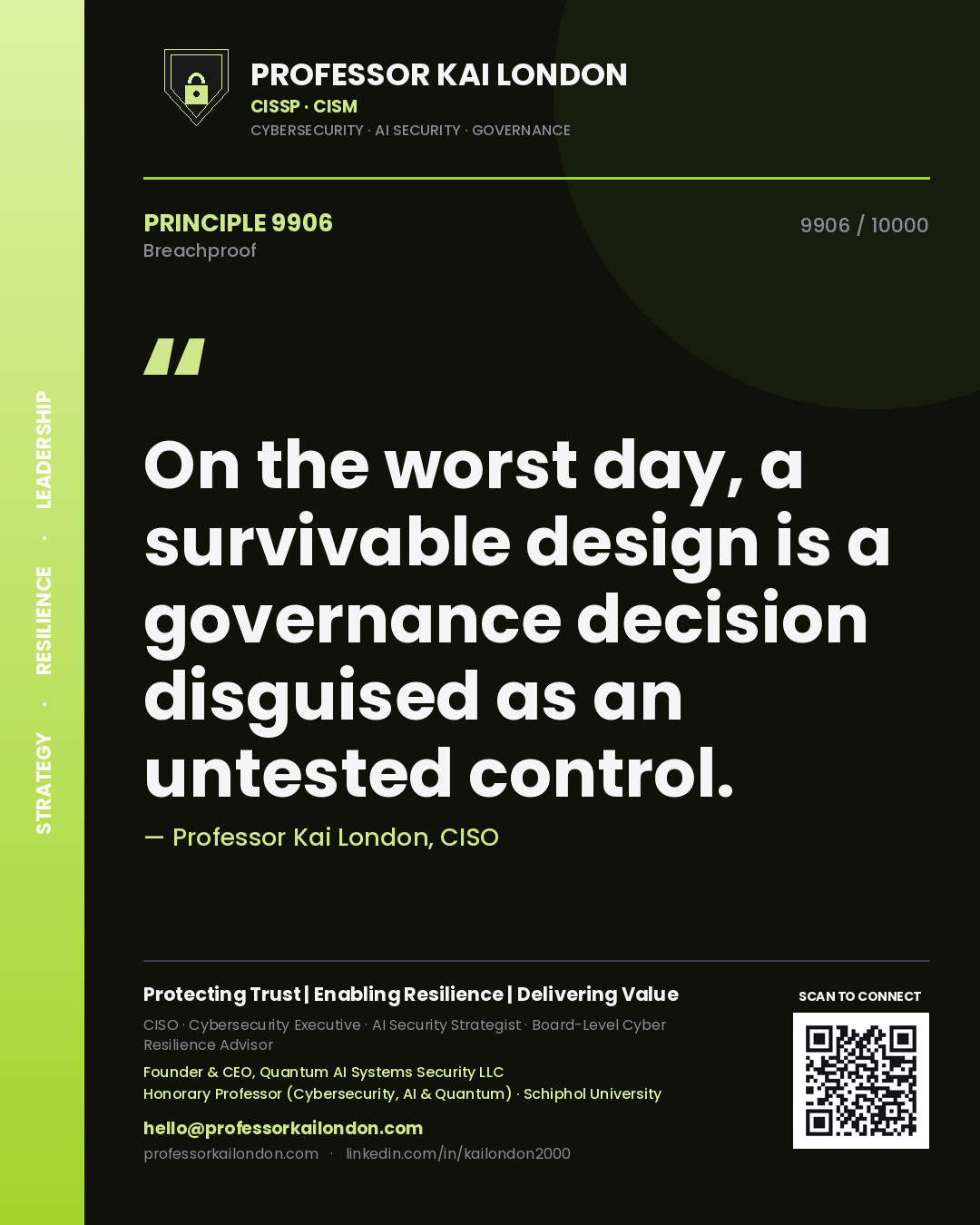 Quote card by Professor Kai London reading 'On the worst day, a survivable design is a governance decision disguised as an untested control.'. From the book Breachproof.