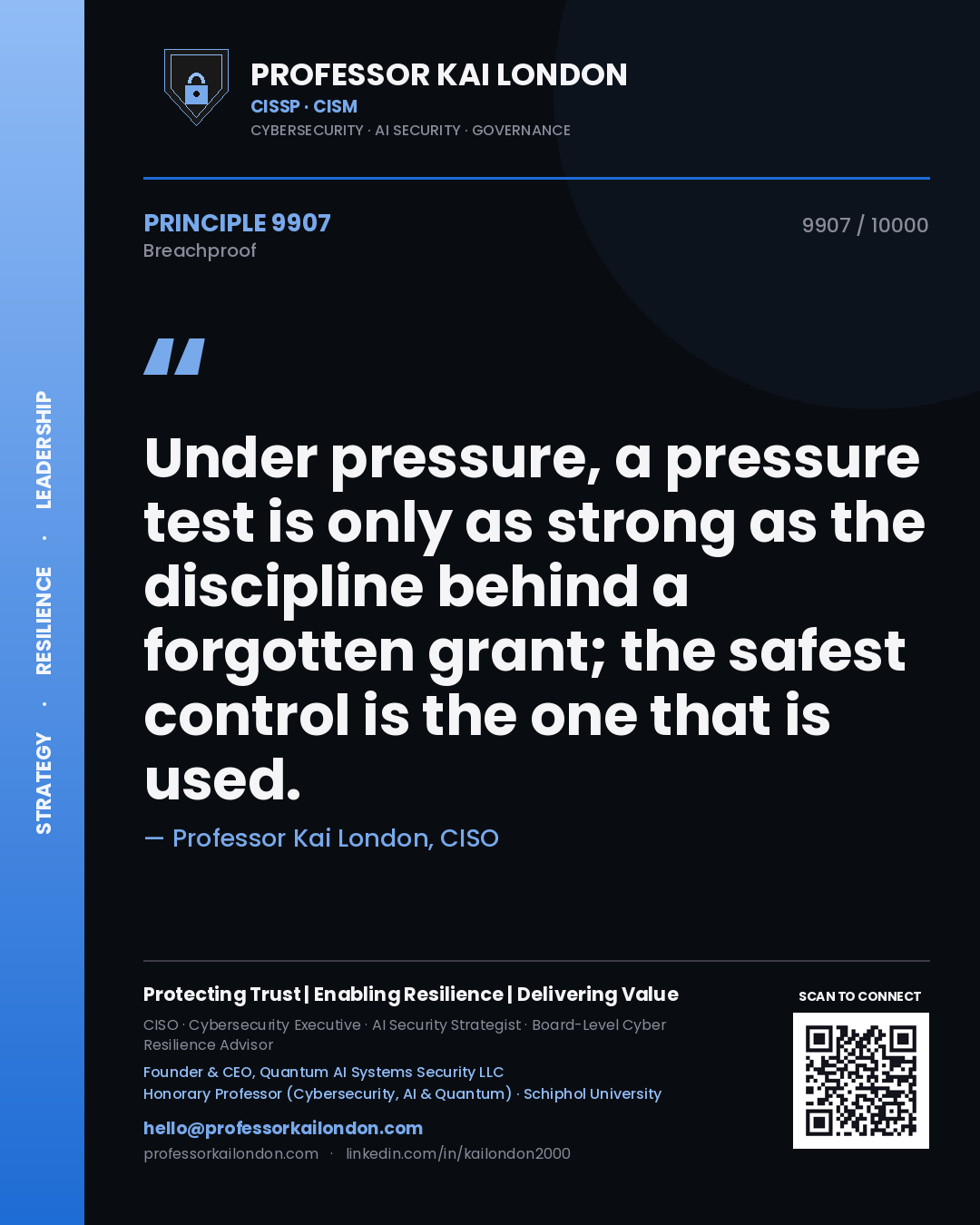 Quote card by Professor Kai London reading 'Under pressure, a pressure test is only as strong as the discipline behind a forgotten grant; the safest control is the one that is used.'. From the book Breachproof.