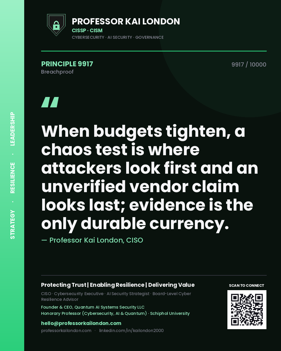 Quote card by Professor Kai London reading 'When budgets tighten, a chaos test is where attackers look first and an unverified vendor claim looks last; evidence is the only durable currency.'. From the book Breachproof.