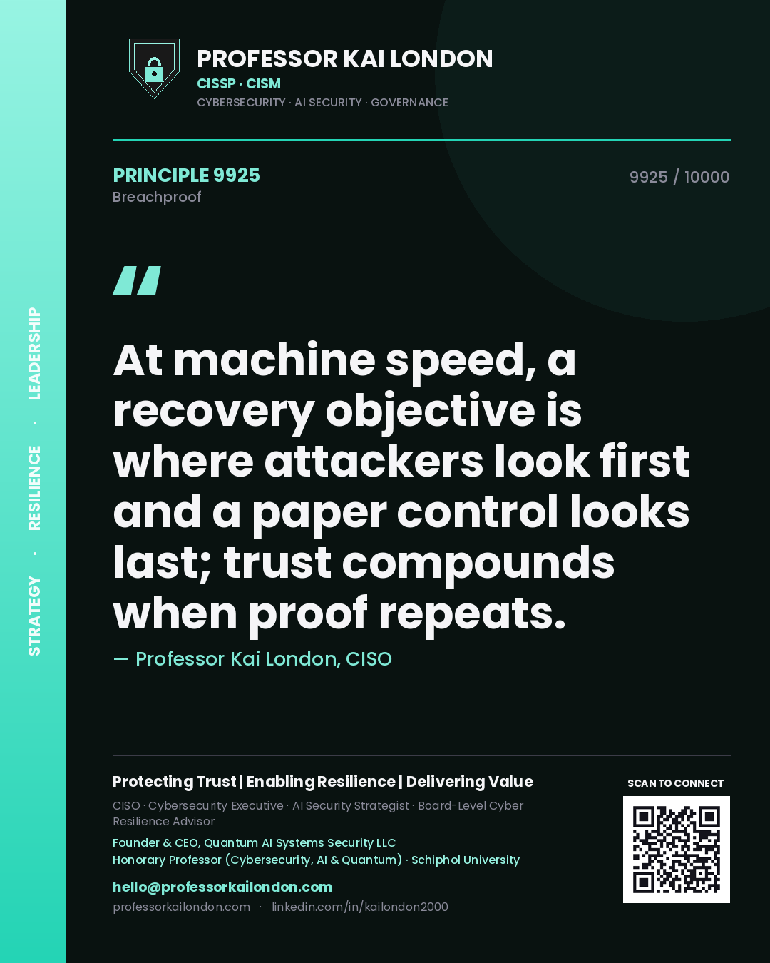 Quote card by Professor Kai London reading 'At machine speed, a recovery objective is where attackers look first and a paper control looks last; trust compounds when proof repeats.'. From the book Breachproof.