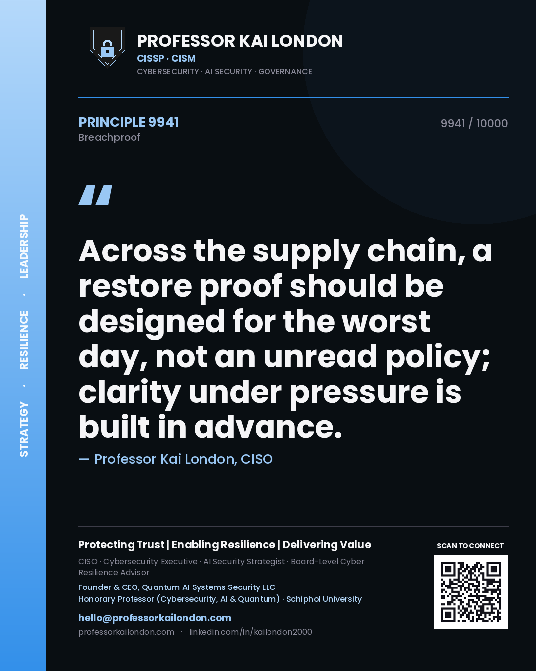 Quote card by Professor Kai London reading 'Across the supply chain, a restore proof should be designed for the worst day, not an unread policy; clarity under pressure is built in advance.'. From the book Breachproof.
