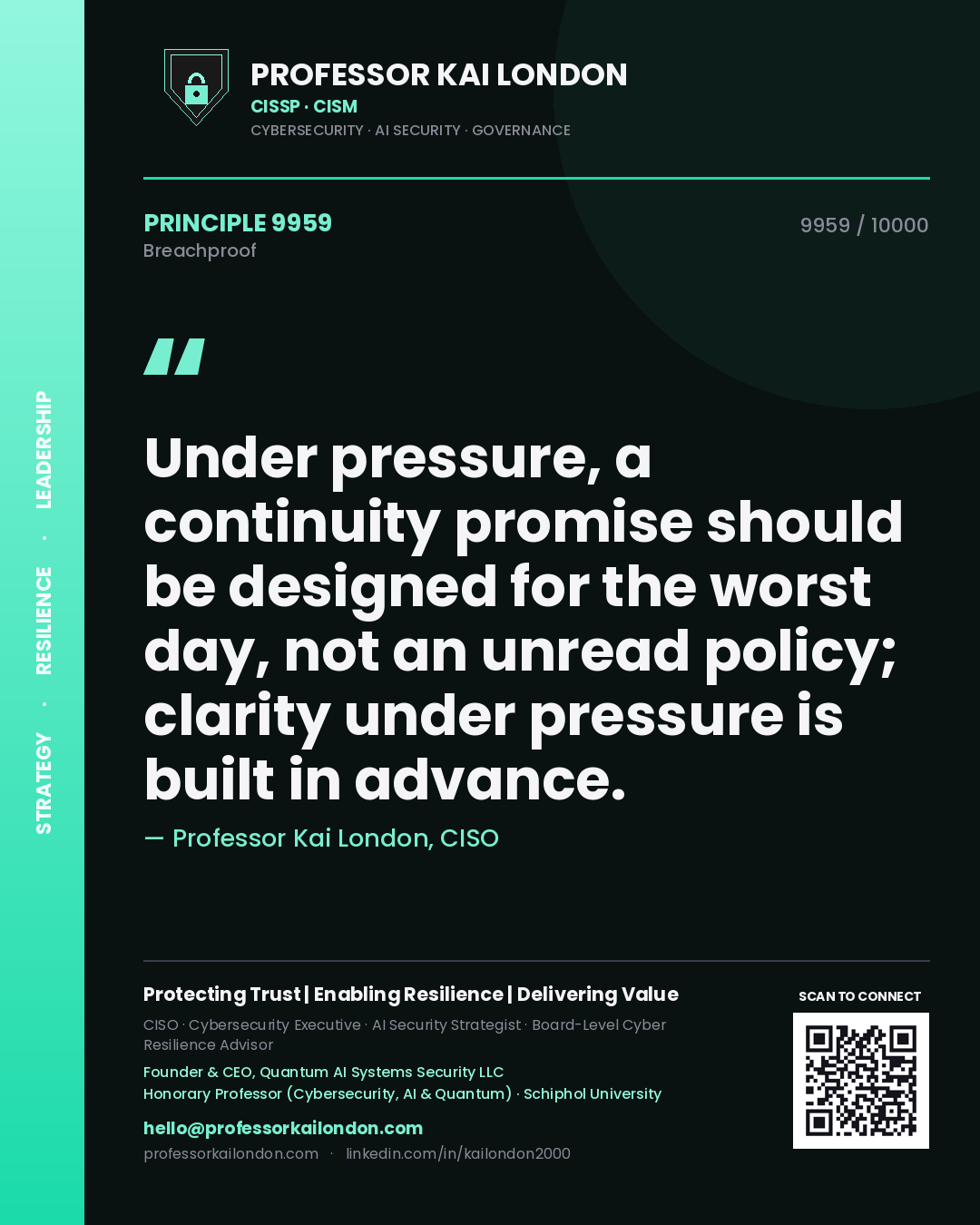 Quote card by Professor Kai London reading 'Under pressure, a continuity promise should be designed for the worst day, not an unread policy; clarity under pressure is built in advance.'. From the book Breachproof.