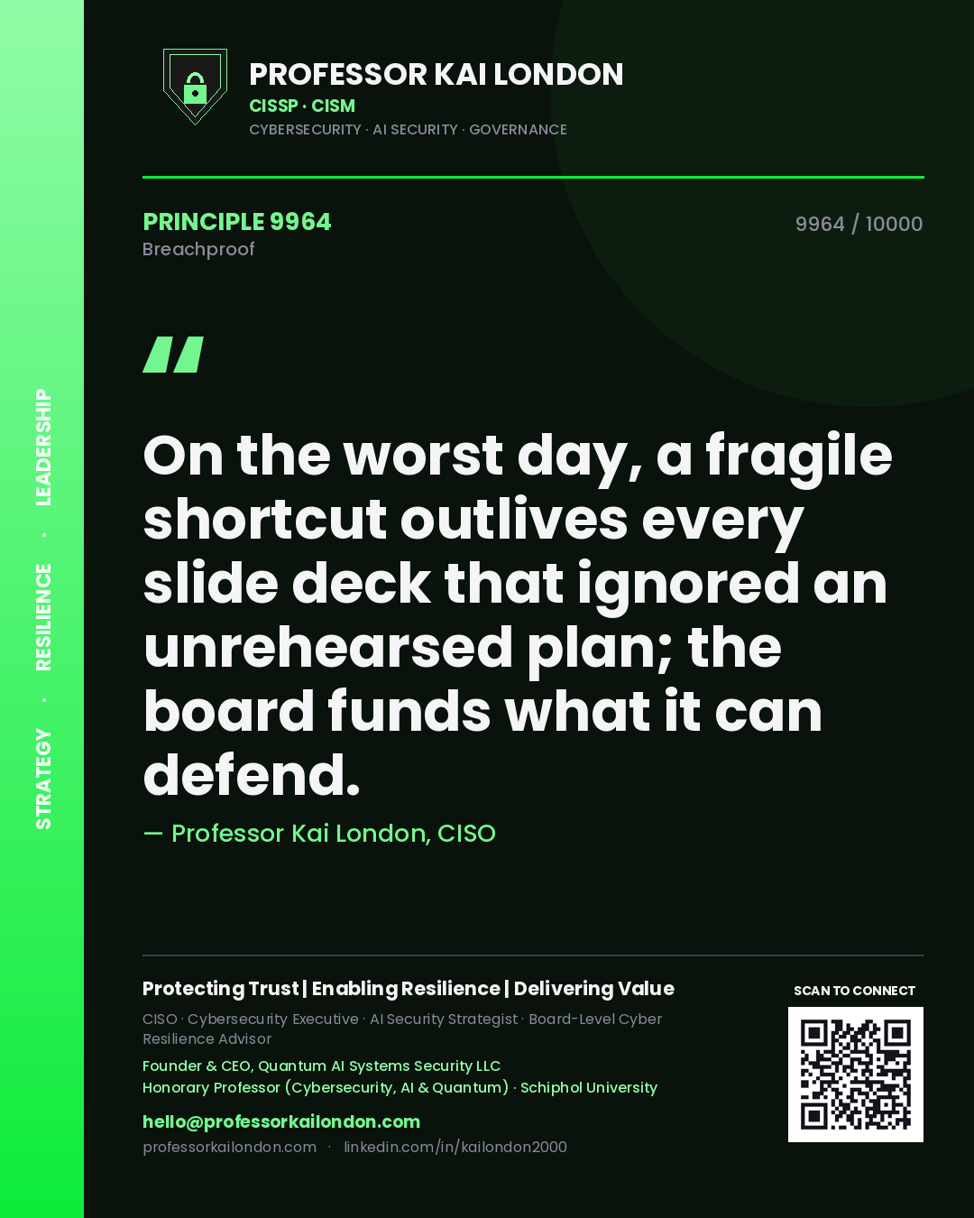Quote card by Professor Kai London reading 'On the worst day, a fragile shortcut outlives every slide deck that ignored an unrehearsed plan; the board funds what it can defend.'. From the book Breachproof.