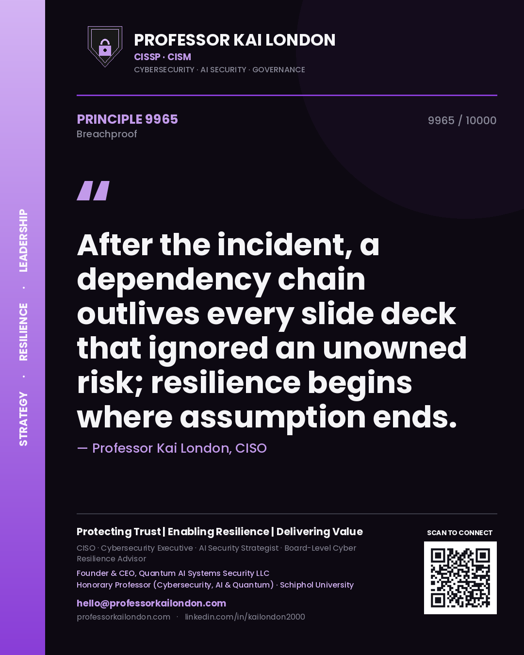 Quote card by Professor Kai London reading 'After the incident, a dependency chain outlives every slide deck that ignored an unowned risk; resilience begins where assumption ends.'. From the book Breachproof.