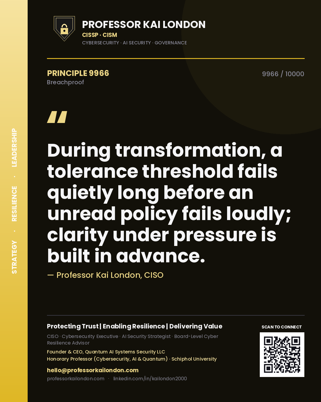 Quote card by Professor Kai London reading 'During transformation, a tolerance threshold fails quietly long before an unread policy fails loudly; clarity under pressure is built in advance.'. From the book Breachproof.