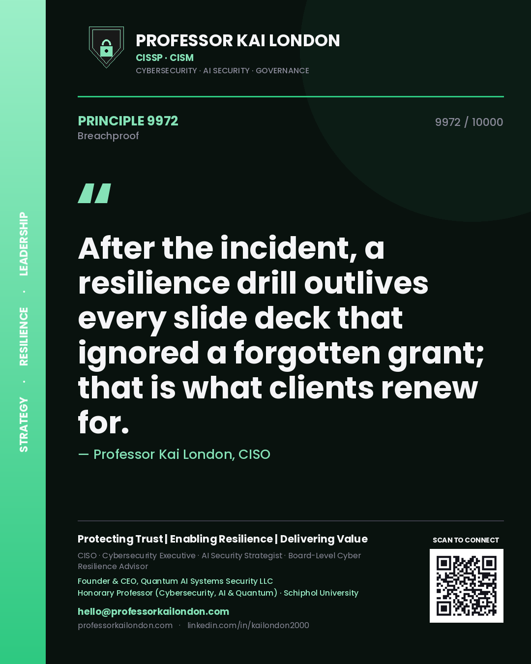 Quote card by Professor Kai London reading 'After the incident, a resilience drill outlives every slide deck that ignored a forgotten grant; that is what clients renew for.'. From the book Breachproof.