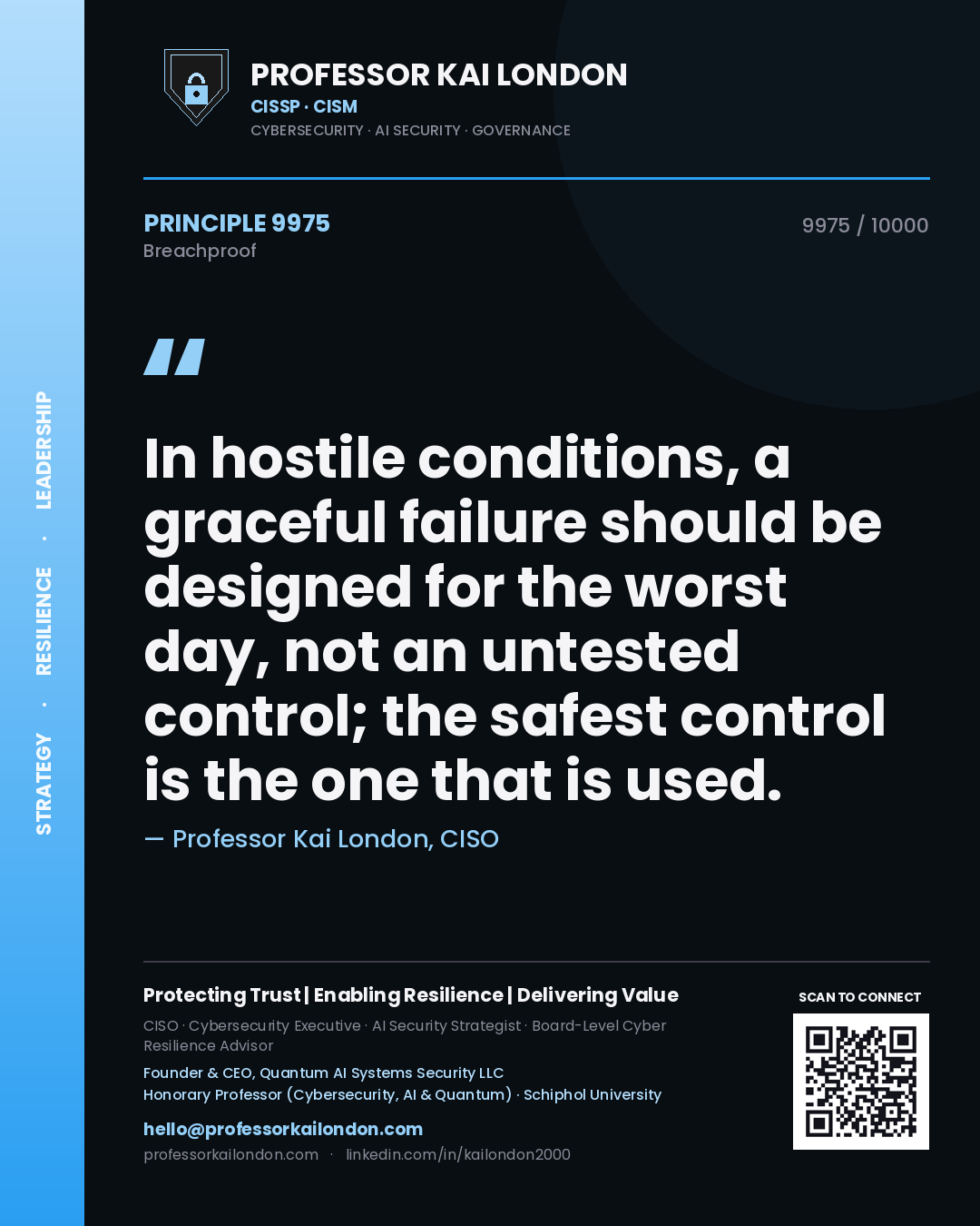 Quote card by Professor Kai London reading 'In hostile conditions, a graceful failure should be designed for the worst day, not an untested control; the safest control is the one that is used.'. From the book Breachproof.