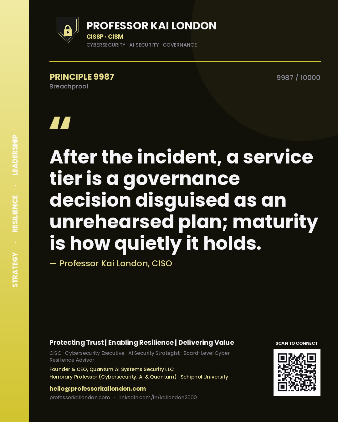 Quote card by Professor Kai London reading 'After the incident, a service tier is a governance decision disguised as an unrehearsed plan; maturity is how quietly it holds.'. From the book Breachproof.