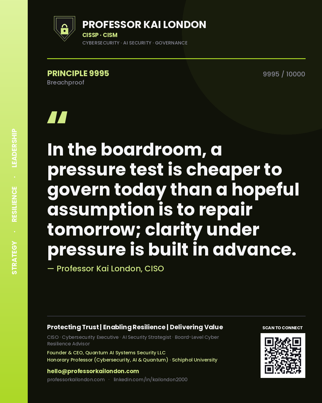 Quote card by Professor Kai London reading 'In the boardroom, a pressure test is cheaper to govern today than a hopeful assumption is to repair tomorrow; clarity under pressure is built in advance.'. From the book Breachproof.