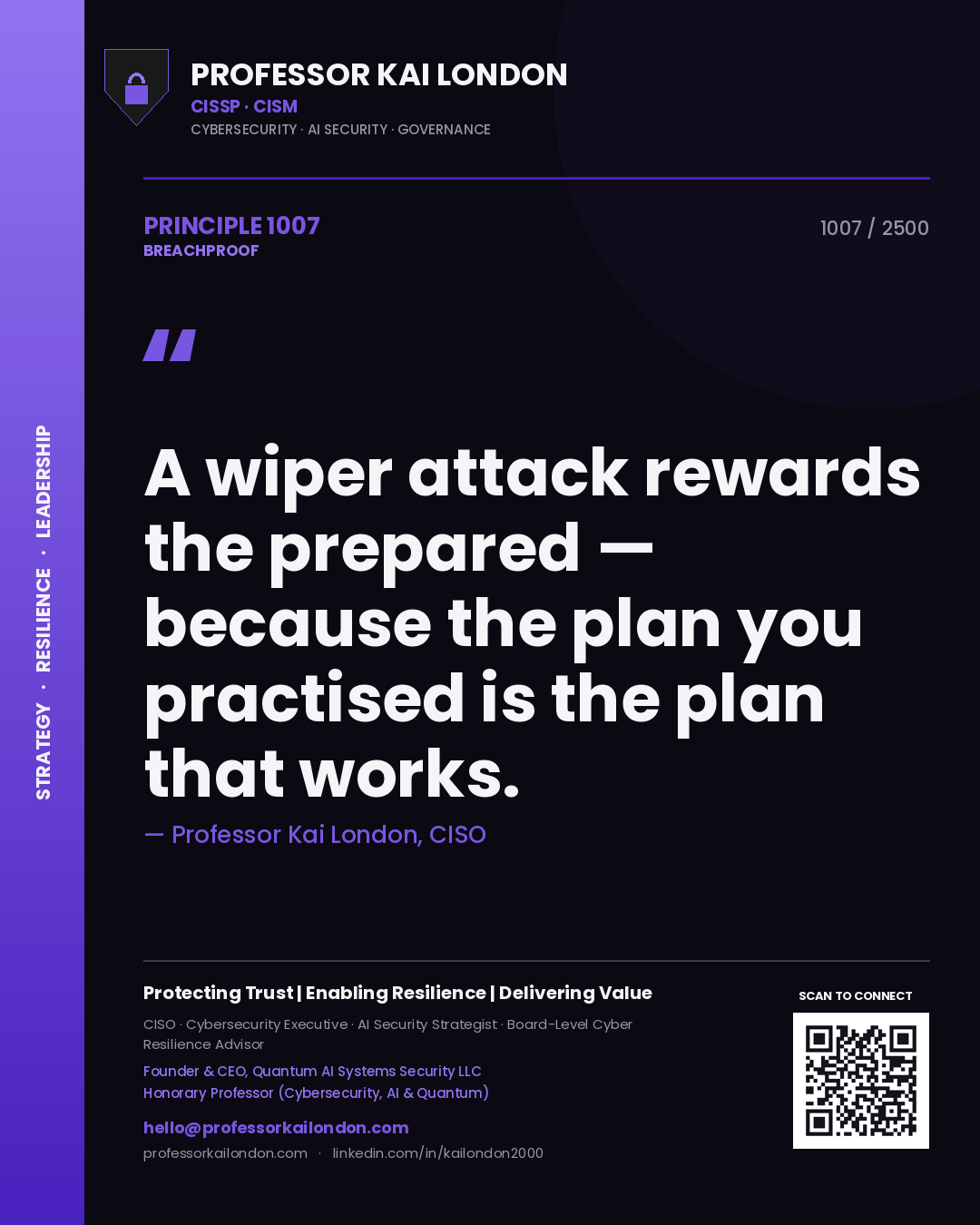 Quote card by Professor Kai London reading 'A wiper attack rewards the prepared — because the plan you practised is the plan that works.'. From the book Breachproof.
