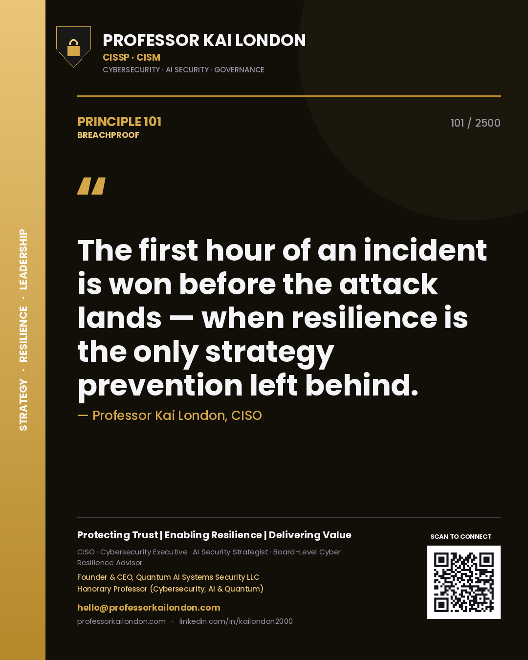 Professor Kai London principle 101: The first hour of an incident is won before the attack lands — when resilience is the only strategy prevention left behind.