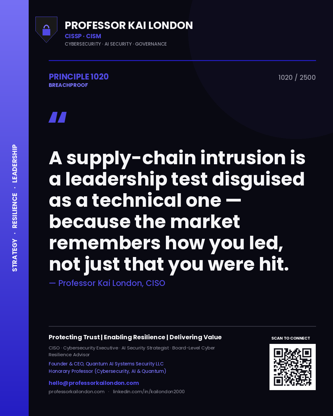Quote card by Professor Kai London reading 'A supply-chain intrusion is a leadership test disguised as a technical one — because the market remembers how you led, not just that you were hit.'. From the book Breachproof.