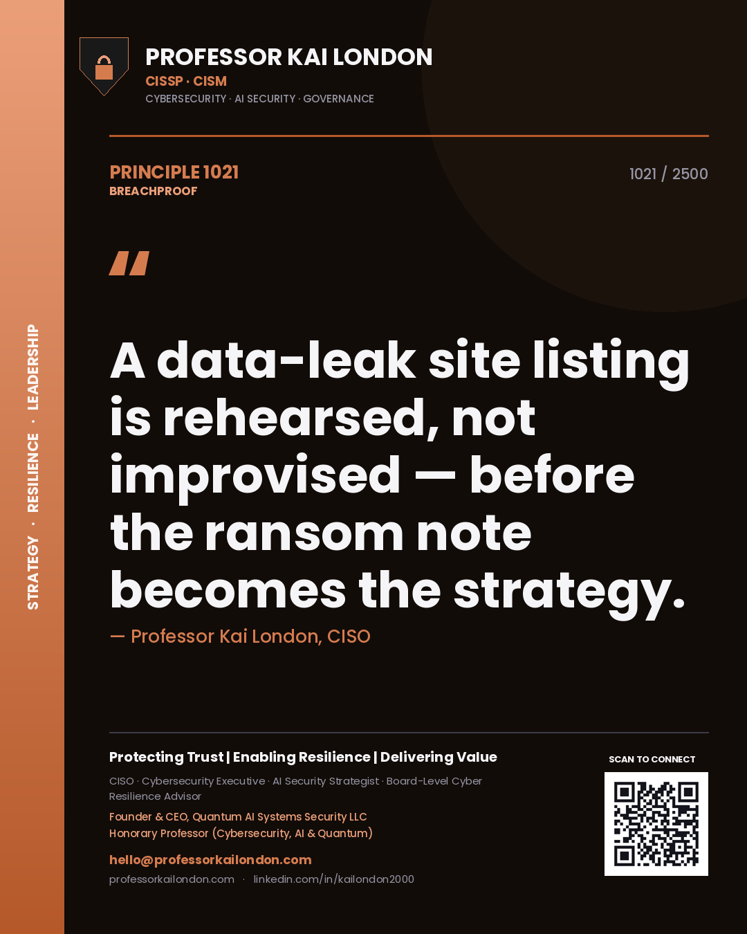 Quote card by Professor Kai London reading 'A data-leak site listing is rehearsed, not improvised — before the ransom note becomes the strategy.'. From the book Breachproof.