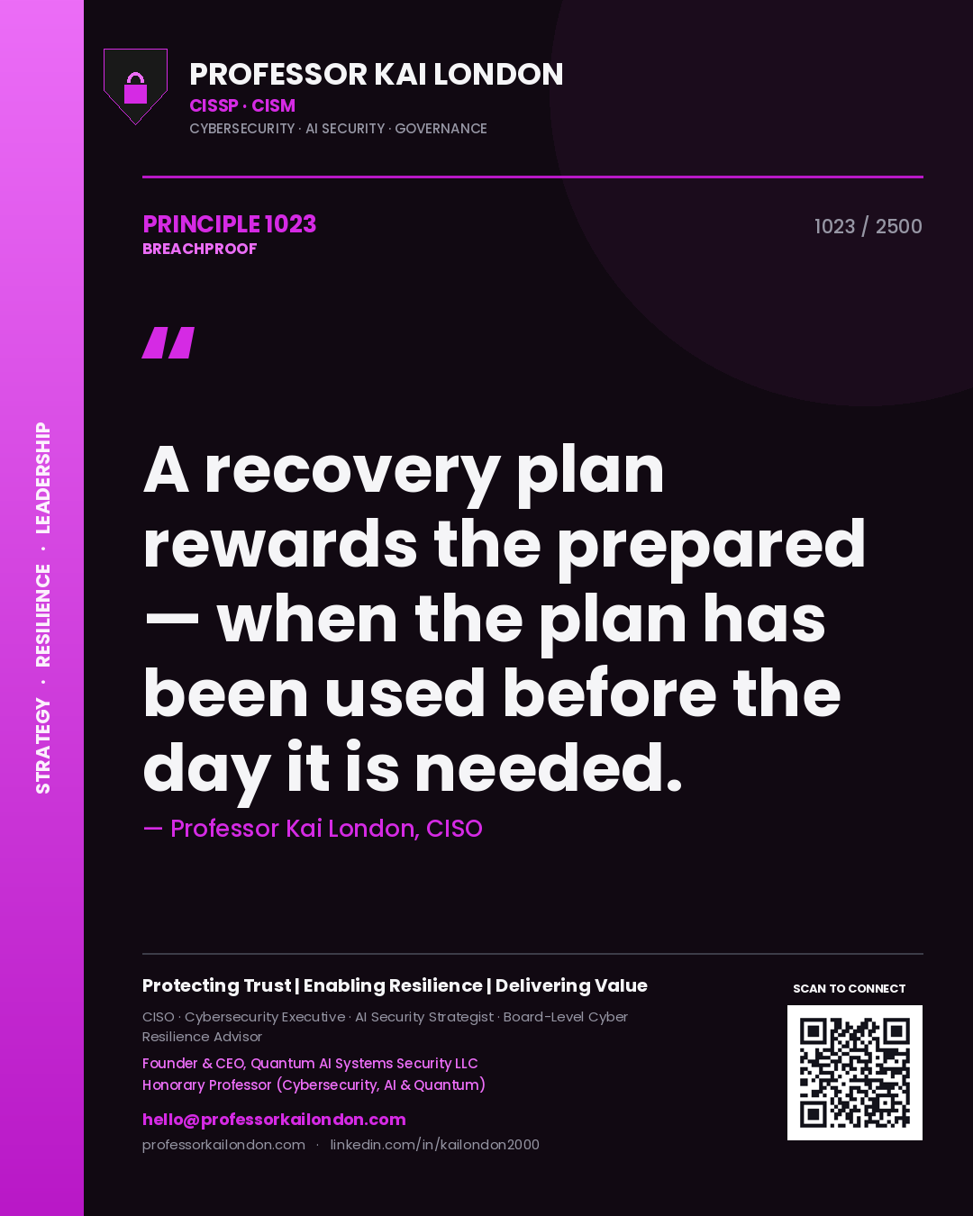 Professor Kai London principle 1023: A recovery plan rewards the prepared — when the plan has been used before the day it is needed.