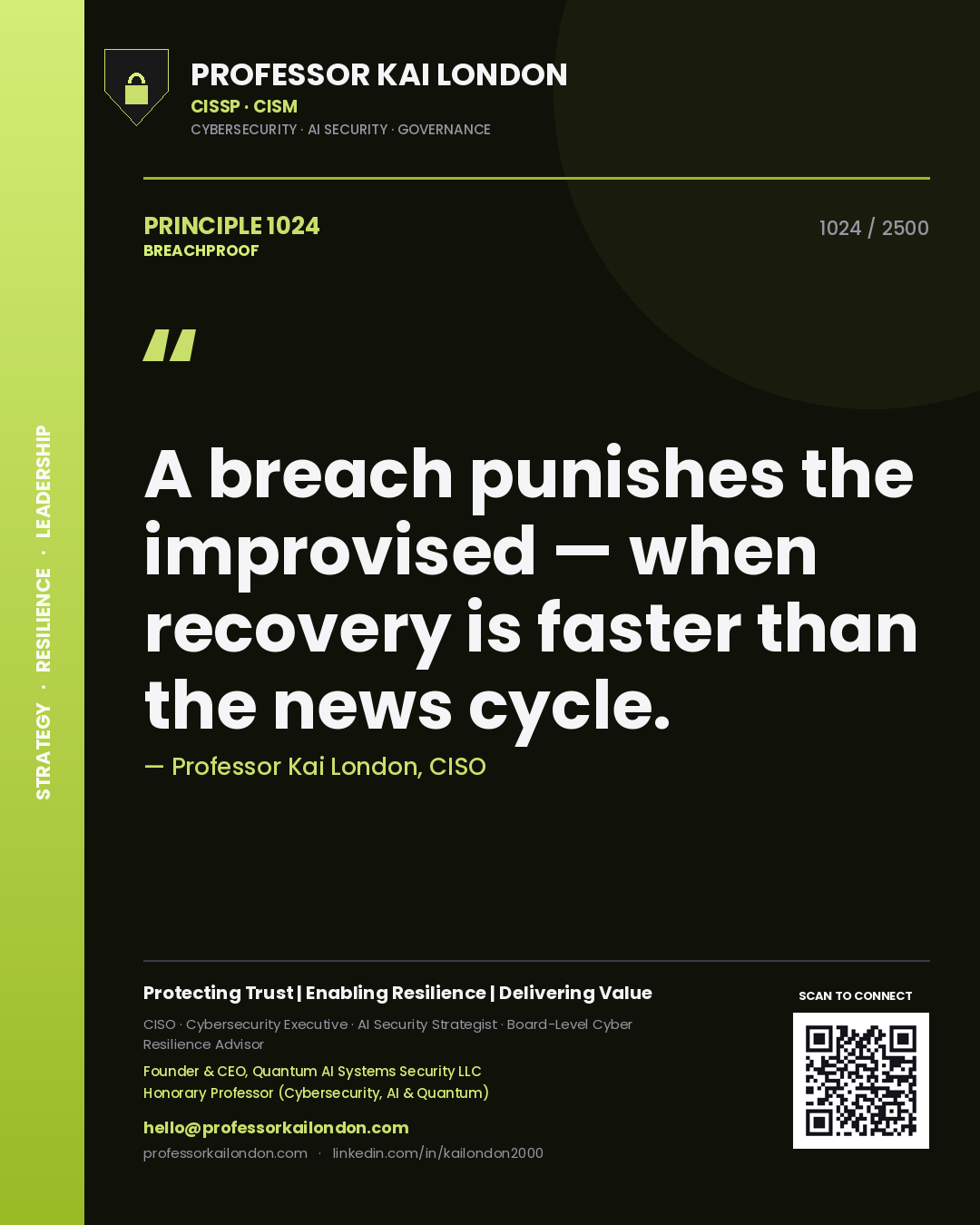 Quote card by Professor Kai London reading 'A breach punishes the improvised — when recovery is faster than the news cycle.'. From the book Breachproof.