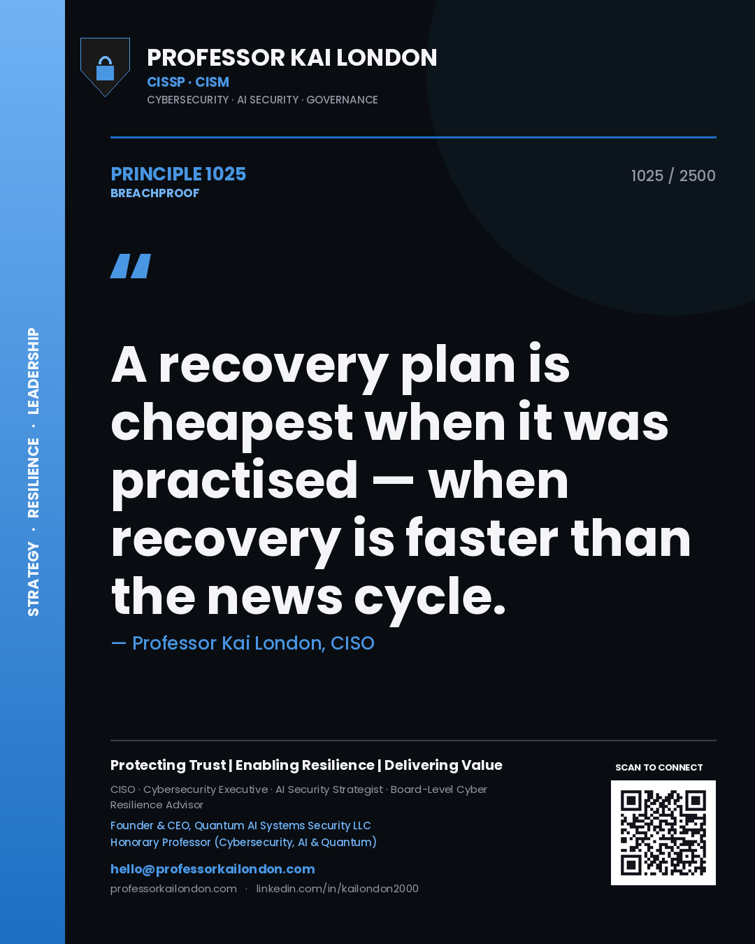 Quote card by Professor Kai London reading 'A recovery plan is cheapest when it was practised — when recovery is faster than the news cycle.'. From the book Breachproof.