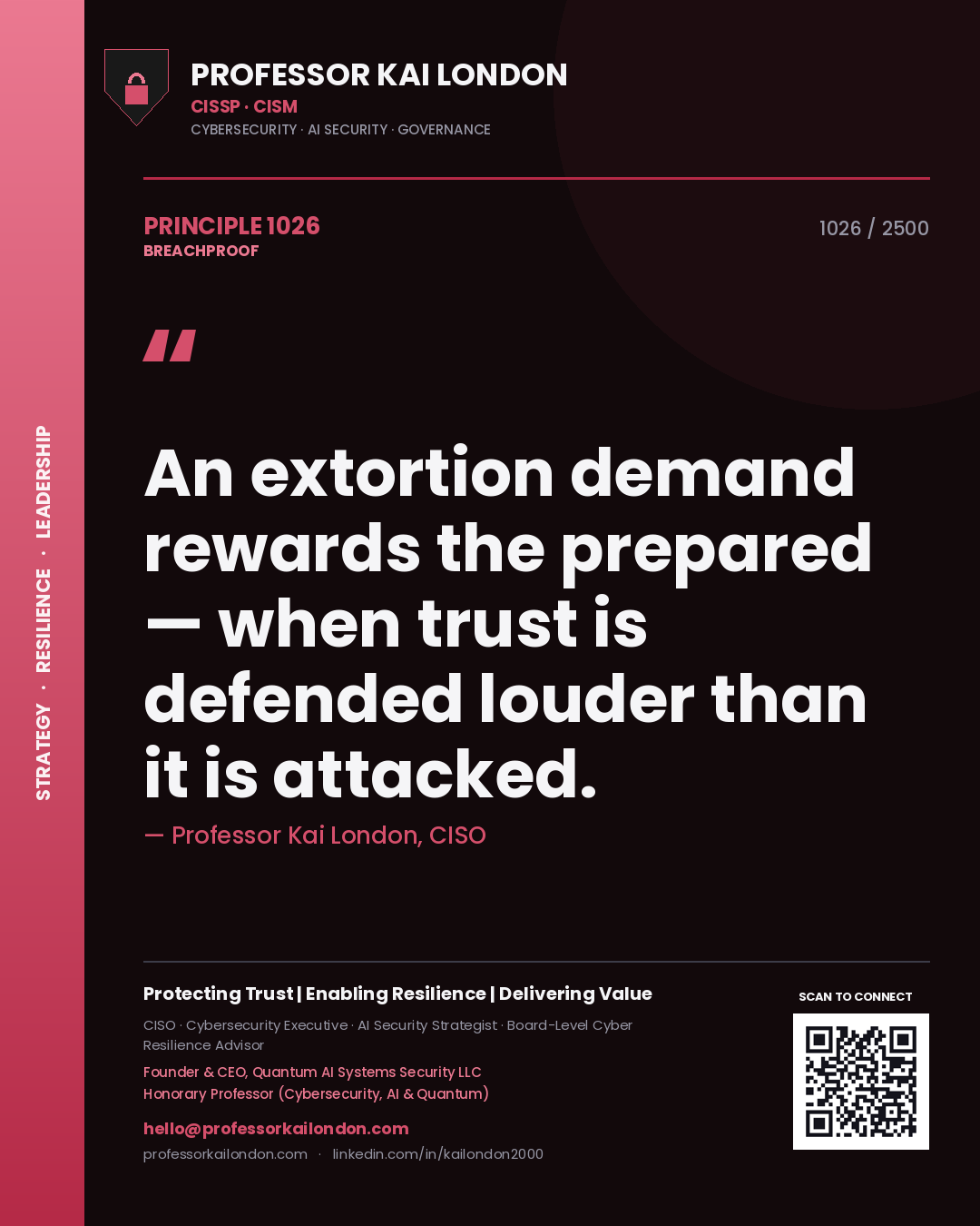 Quote card by Professor Kai London reading 'An extortion demand rewards the prepared — when trust is defended louder than it is attacked.'. From the book Breachproof.