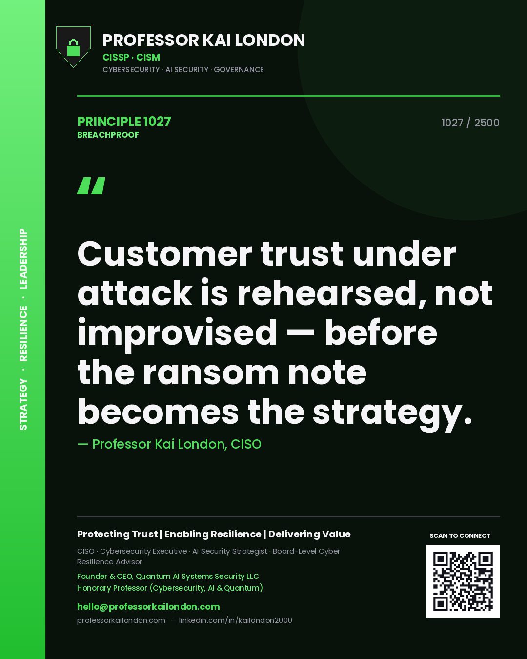 Quote card by Professor Kai London reading 'Customer trust under attack is rehearsed, not improvised — before the ransom note becomes the strategy.'. From the book Breachproof.