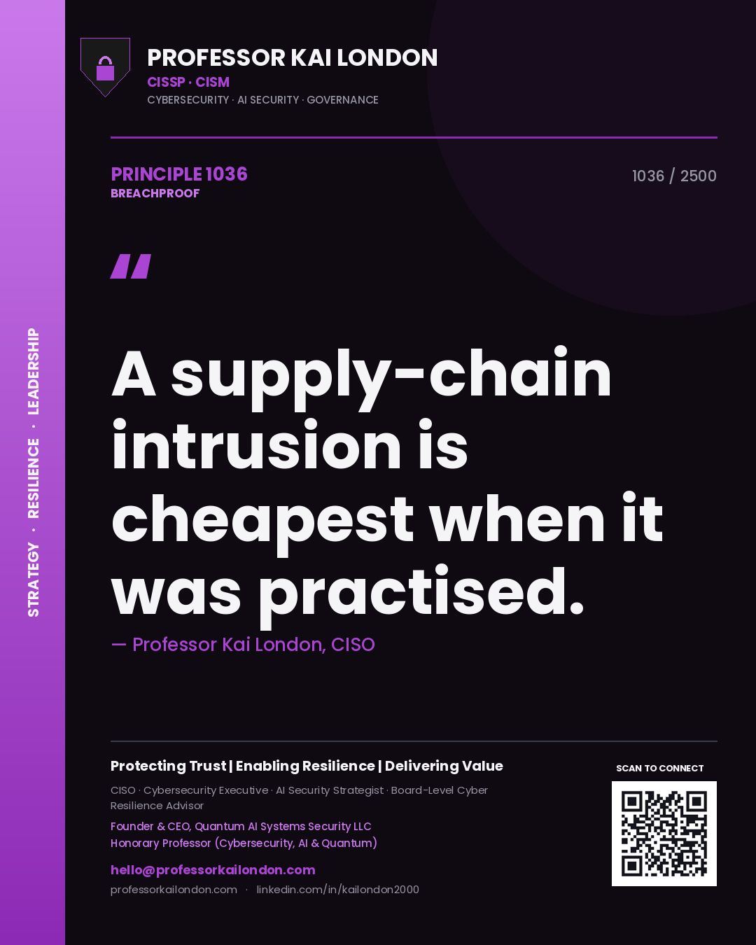 Quote card by Professor Kai London reading 'A supply-chain intrusion is cheapest when it was practised.'. From the book Breachproof.