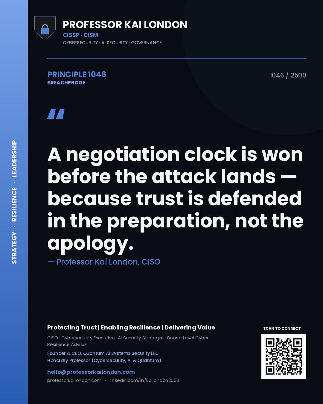 Quote card by Professor Kai London reading 'A negotiation clock is won before the attack lands — because trust is defended in the preparation, not the apology.'. From the book Breachproof.