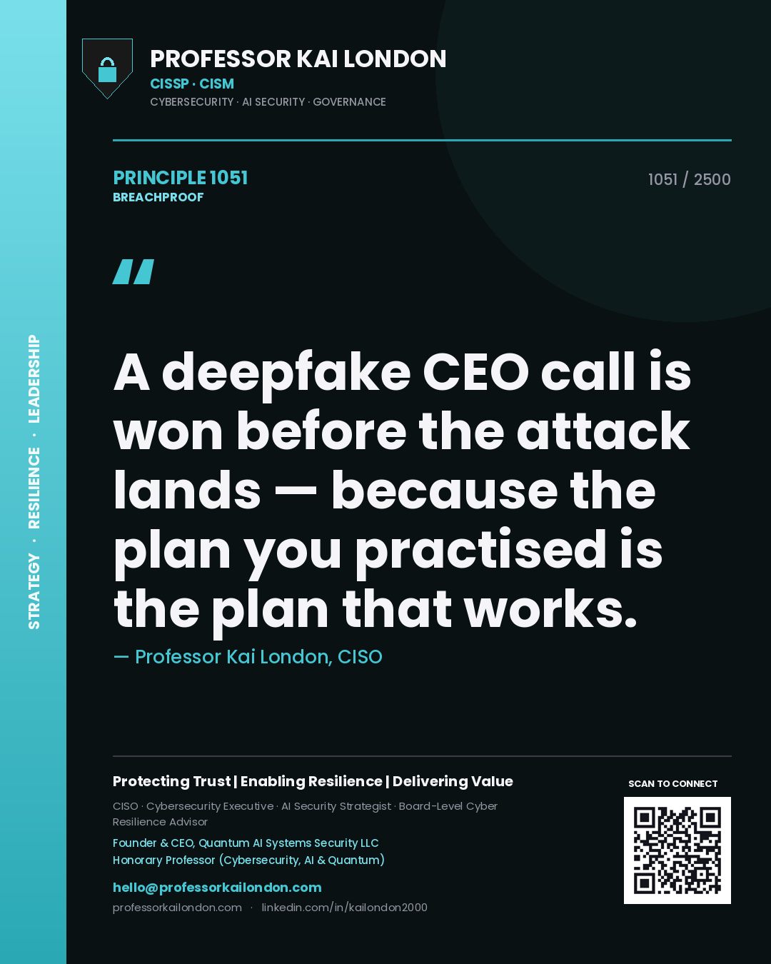 Quote card by Professor Kai London reading 'A deepfake CEO call is won before the attack lands — because the plan you practised is the plan that works.'. From the book Breachproof.